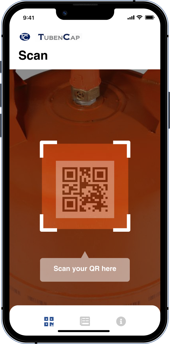 Mockup de un dispositivo móvil con una pantalla de escaner QR en la App TubenCap desarrollada por Doonamis.