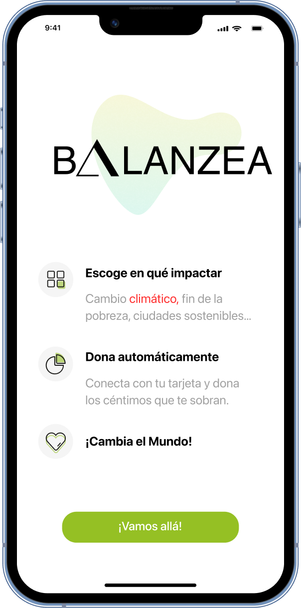 Mockup de un dispositivo móvil con una pantalla del onboarding a la App Balanzea desarrollada por Doonamis.