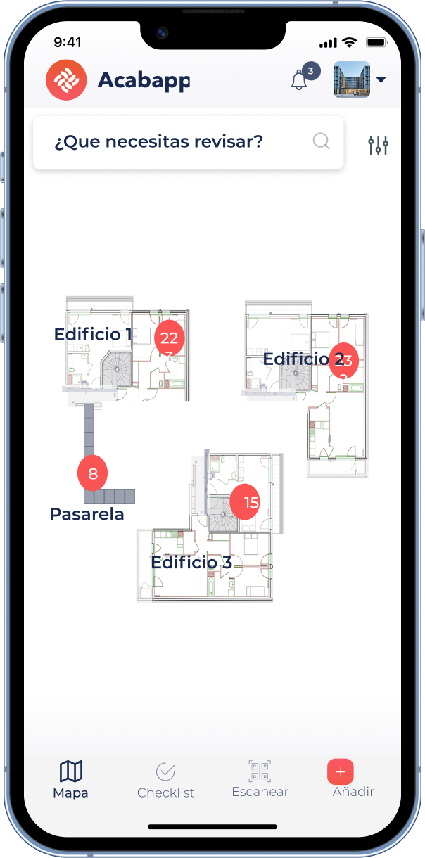 Mockup de un dispositivo móvil con una pantalla de la App Acabapp de gestión de incidencias en obras.