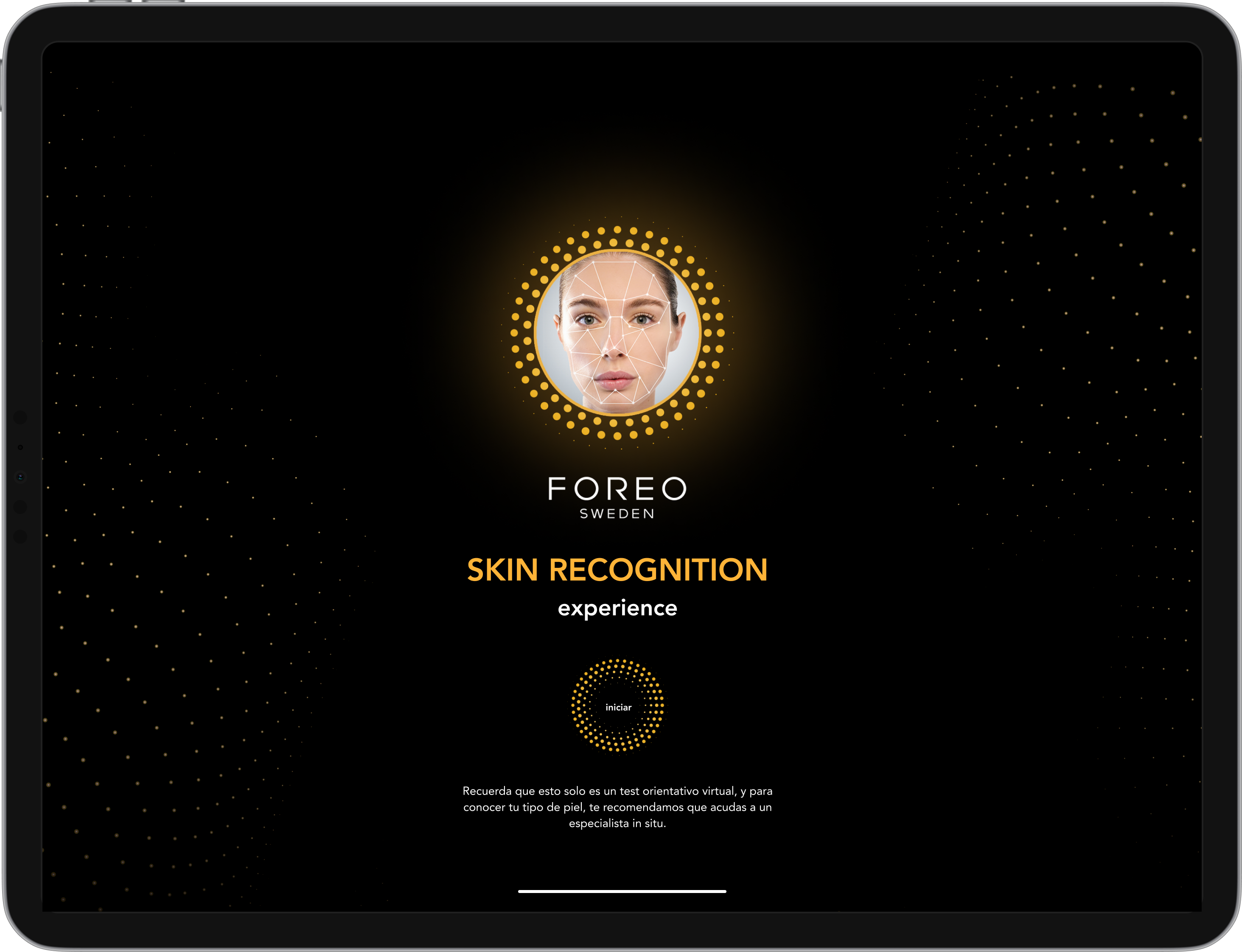 Mockup de una tableta digital con una pantalla de la App de escaner facial de Foreo desarrollada por Doonamis.