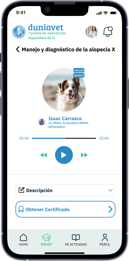 Mockup de un dispositivo móvil proyetcando una pantalla de la aplicación móvil Duniavet desarrollada por Doonamis.