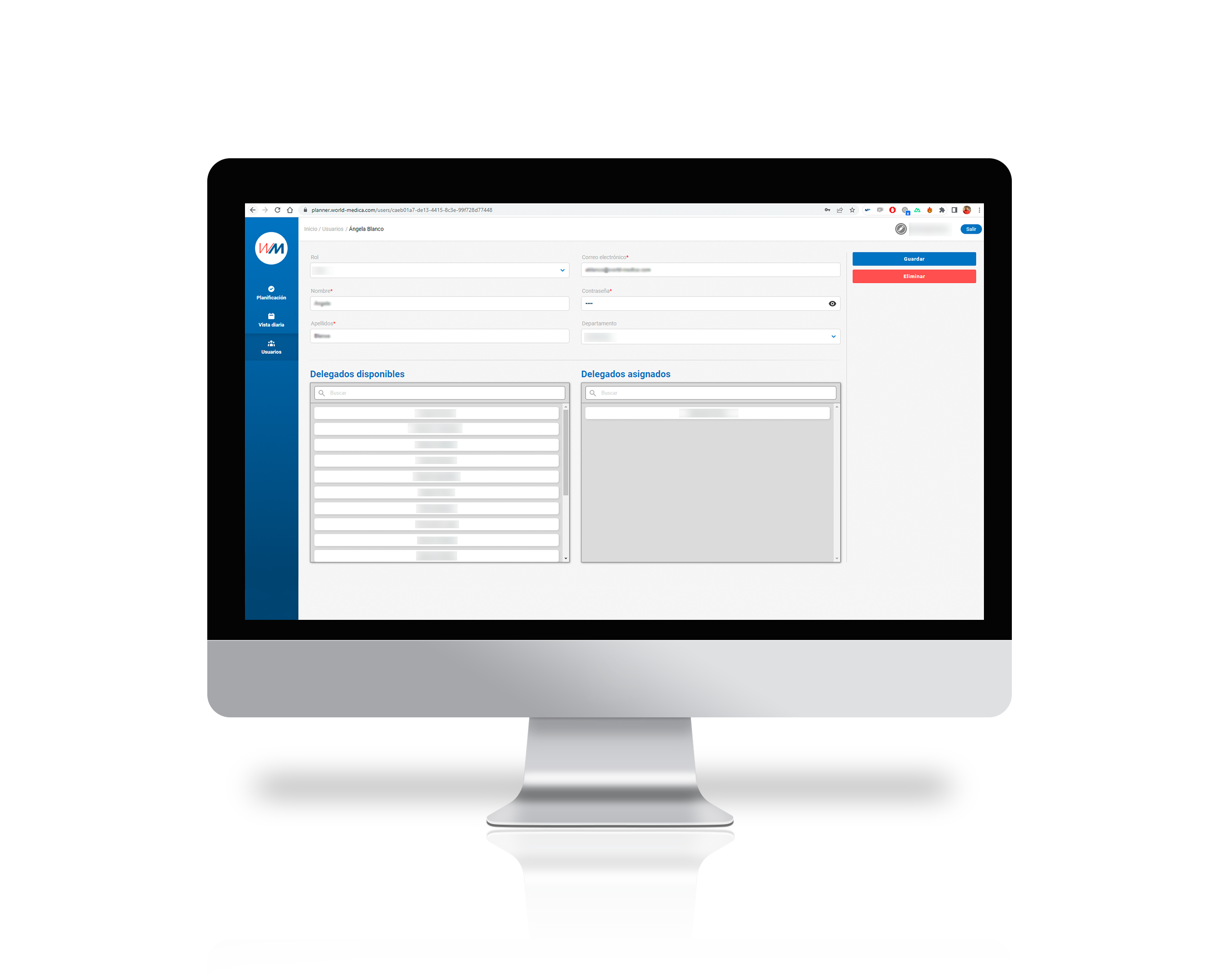 Mockup de un monitor proyectando una pantalla de la web de gestión comercial de la empresa WorldMedica desarrollada por Doonamis.