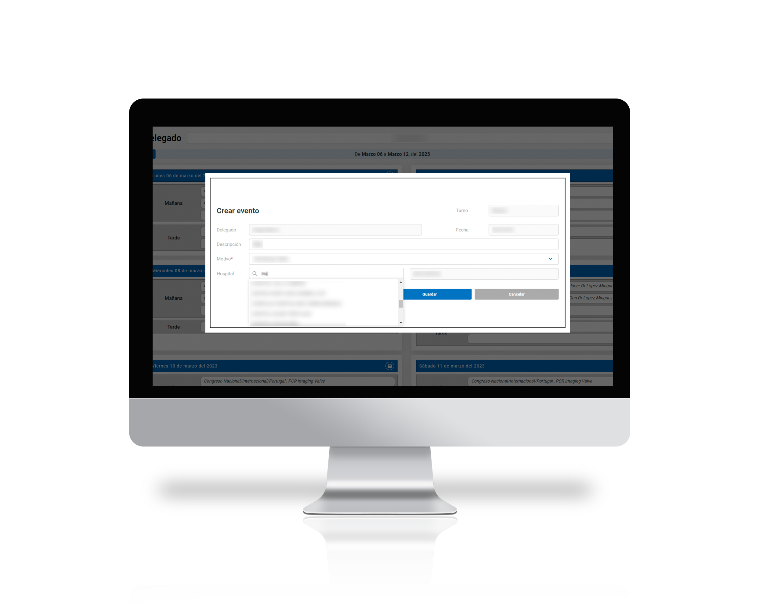 Mockup de un monitor proyectando una pantalla de la web de gestión comercial de la empresa WorldMedica desarrollada por Doonamis.