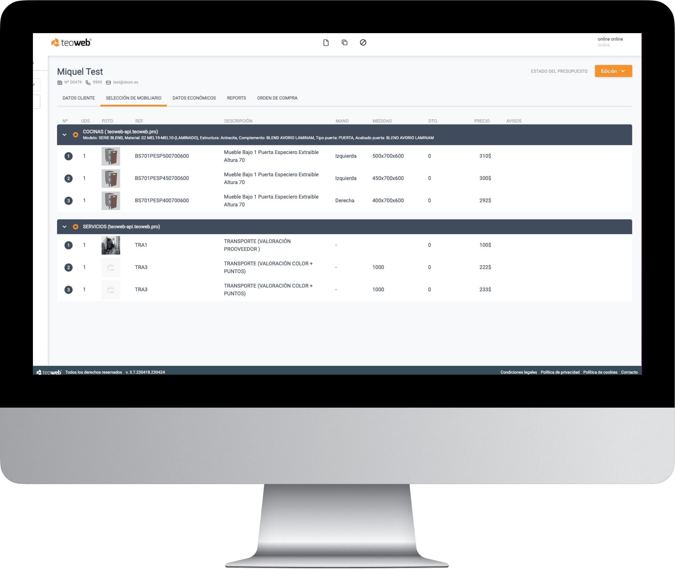 Mockup de un monitor proyectando una pantalla de la plataforma web de la empresa Simsa desarollada por Doonamis.