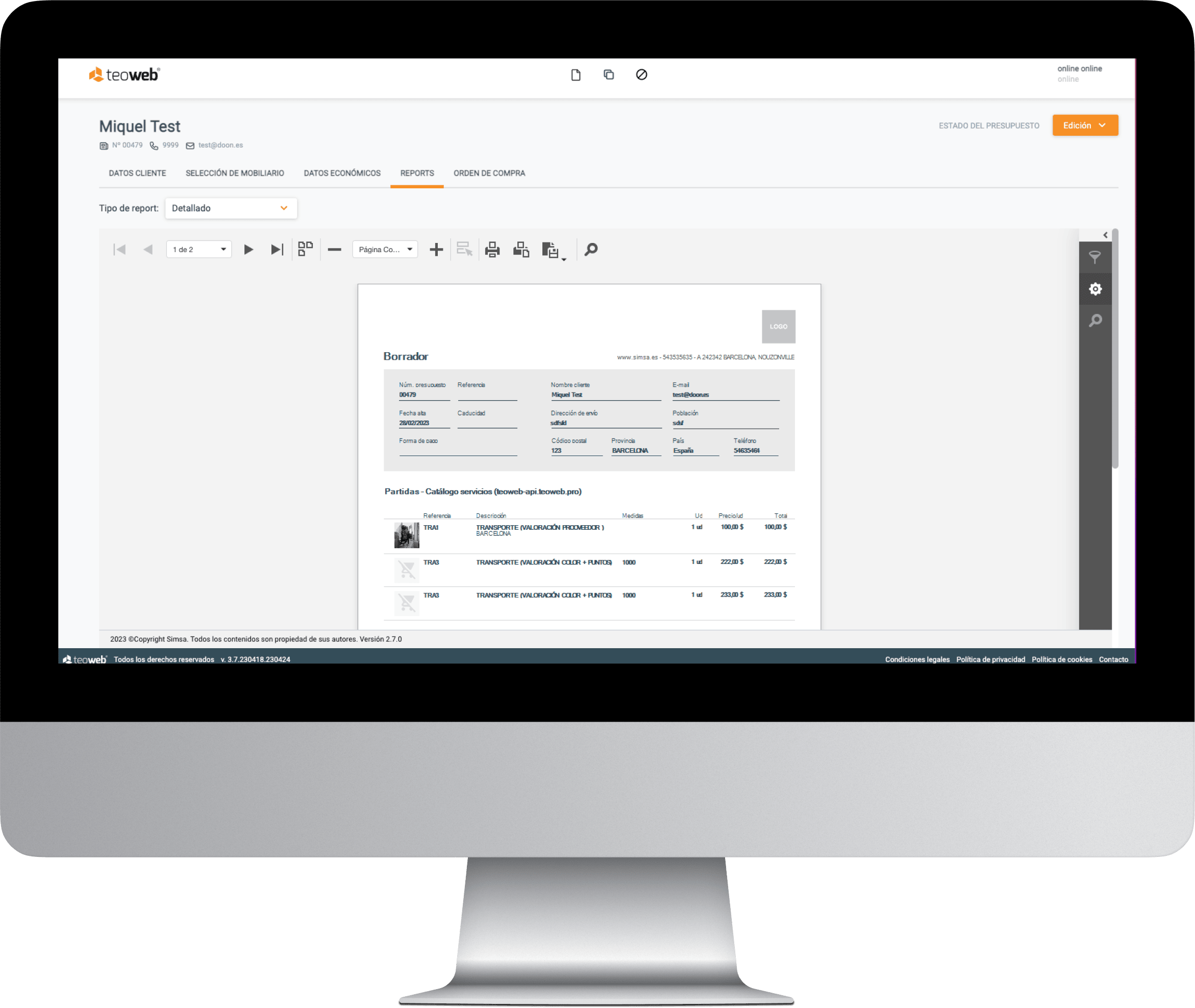 Mockup de un monitor proyectando una pantalla del presupuestador online de la empresa Simsa desarollado por Doonamis.