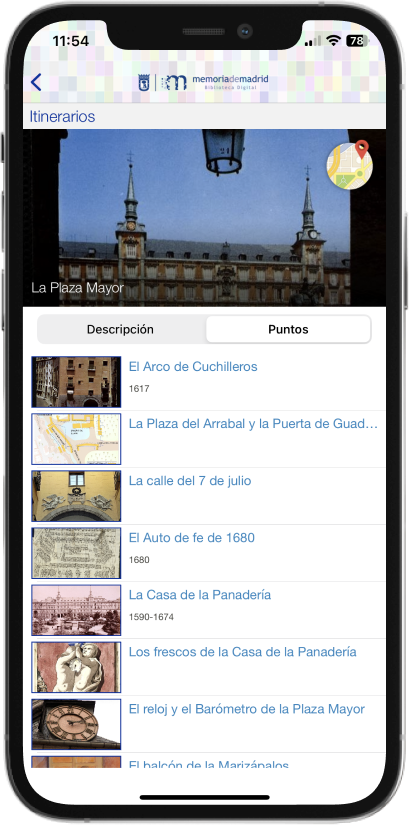 Mockup de un dispositivo móvil proyectando una pantalla de la aplicación móvil del Ayuntamiento de Madrid desarrollada por Doonamis.