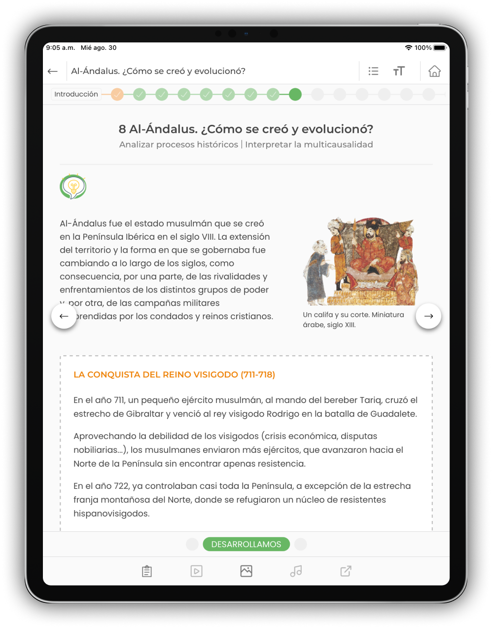 Mockup de una tabeta digital que muestra una pantalla con contenidos educativos de la aplicación de la empresa Vicens Vives desarrollada por Doonamis,