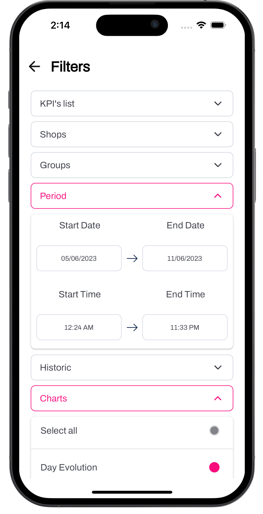 Mockup de un dispositivo móvil proyectando la pantalla de filtros de la aplicación móvil de la empresa TC Group Solutions desarrollada por Doonamis.