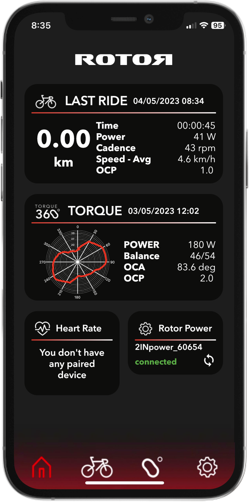 Mockup de un dispositivo móvil que proyecta una pantalla de la aplicación móvil de la empresa Rotor Bike Components desarrollada por Doonamis.