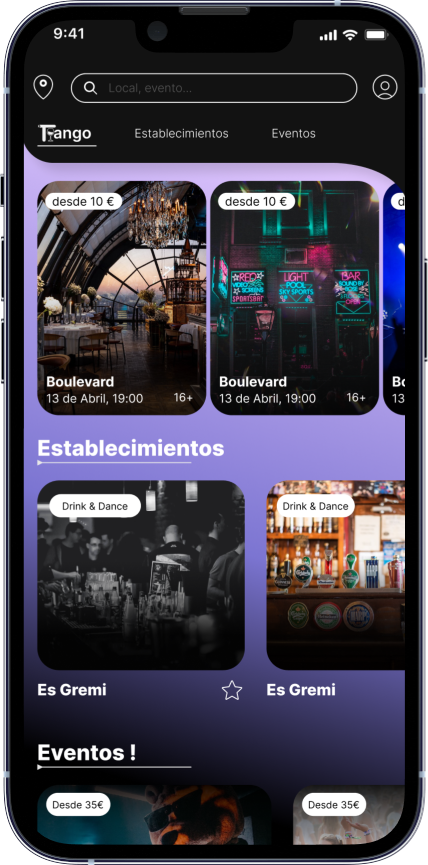 Mockup de un dispositivo móvil proyectando la pantalla principal de la aplicación móvil Tango App desarrollada por Doonamis.