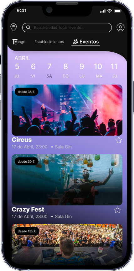 Mockup de un dispositivo móvil proyectando la pantalla de eventos de la aplicación móvil Tango App desarrollada por Doonamis.