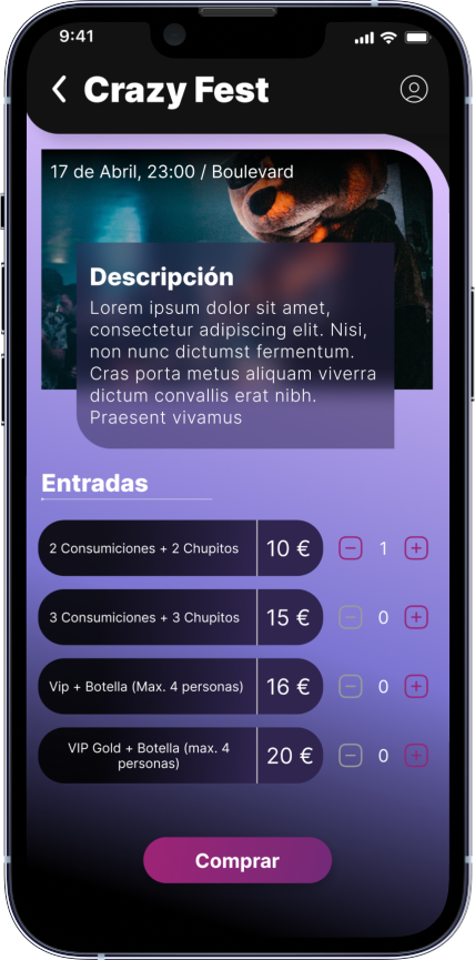 Mockup de un dispositivo móvil proyectando una pantalla de un festival en la aplicación móvil Tango App desarrollada por Doonamis.