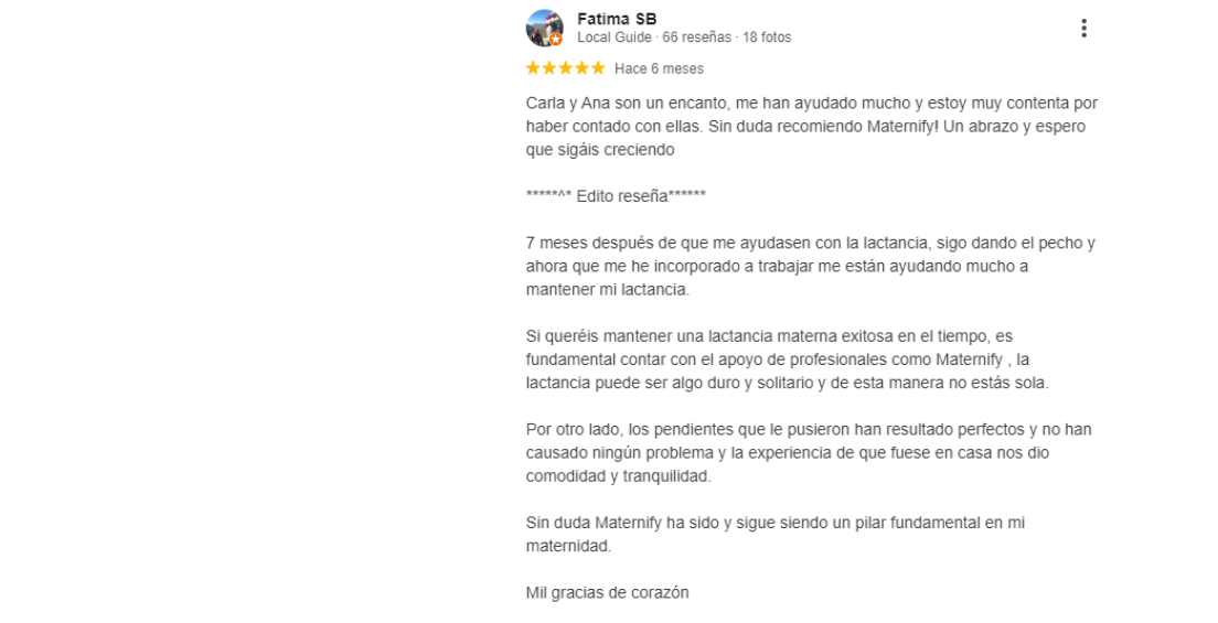 Reseña positiva de Google de la empresa Maternify