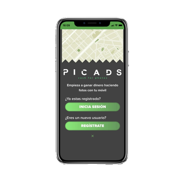 Mockup de un móvil con la pantalla de inicio a la App Picads desarrollada por Doonamis.