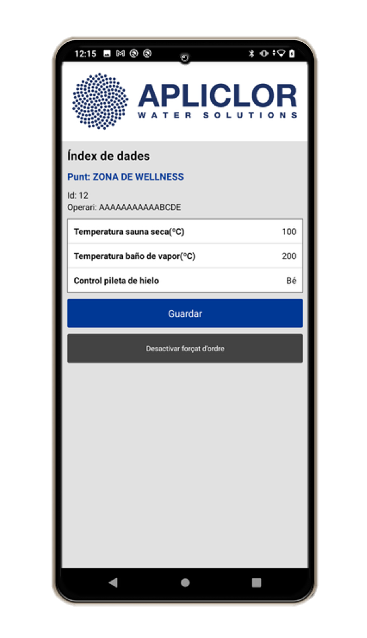 Mockup de un móvil con una pantalla de la App Apliclor Water Solutions desarrollada por Doonamis.
