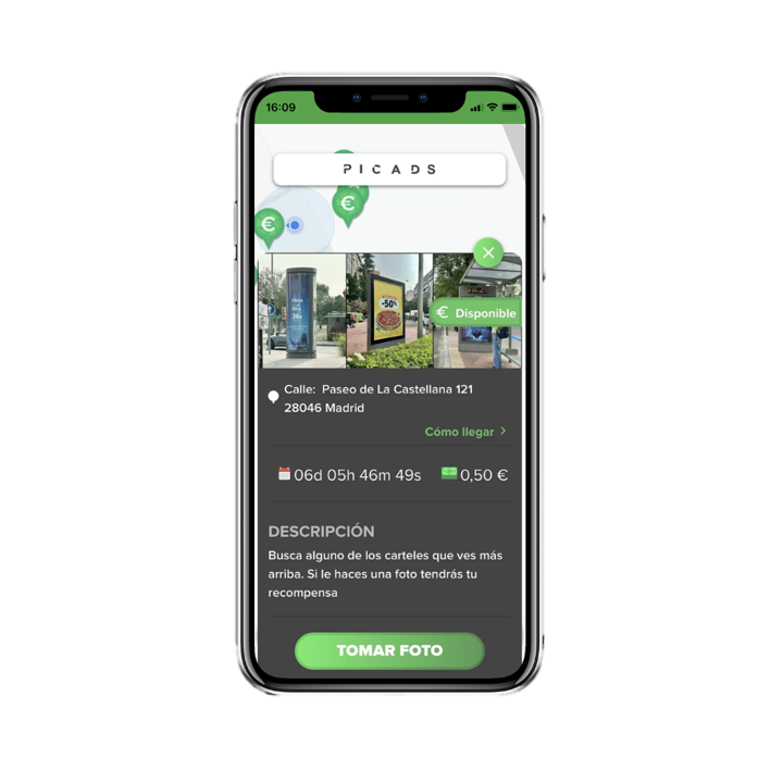 Mockup de un móvil con una pantalla de la App Picads desarrollada por Doonamis.