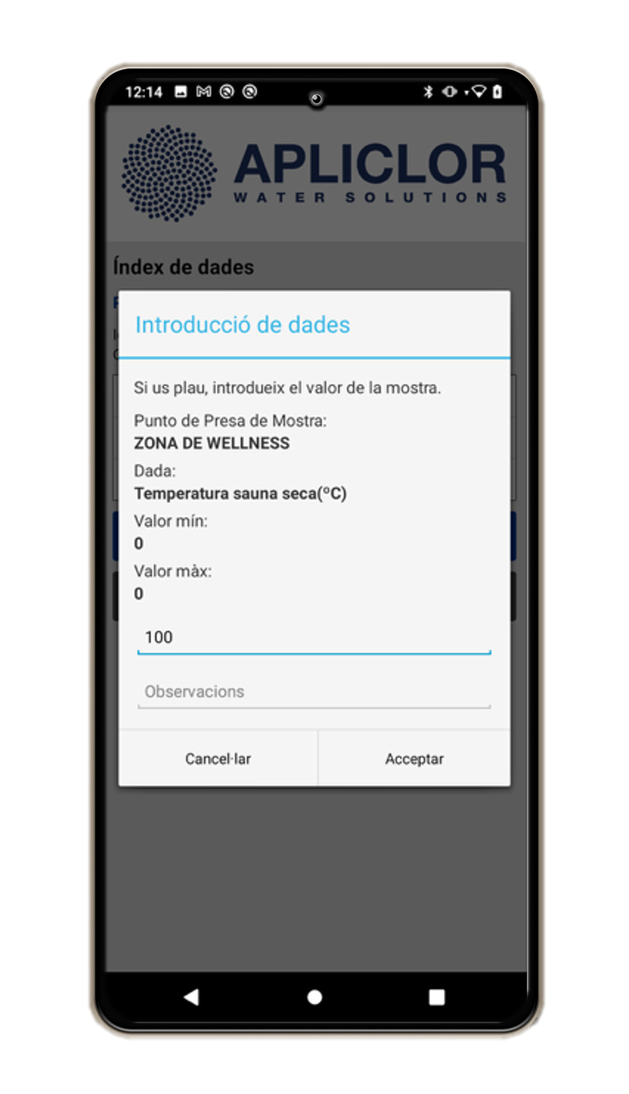 Mockup de un móvil con una pantalla de la App de la empresa Apliclor desarrollada por Doonamis.