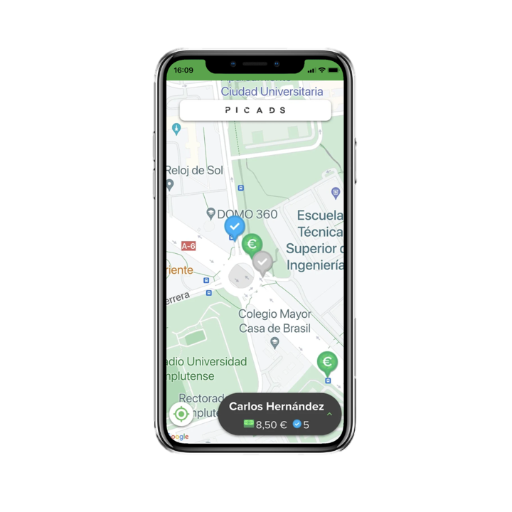 Mockup de un móvil con la pantalla de Mapa de la App Picads desarrollada por Doonamis.