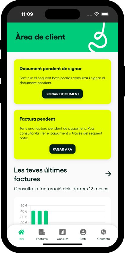 Mockup de un móvil con una pantalla del área de cliente de Vera desarrollado por Doonamis