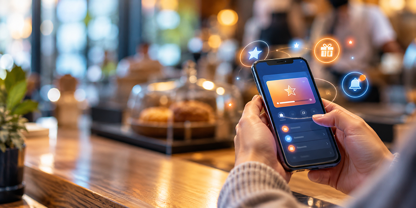 Agencia de apps para fidelizar clientes: manos sujetando un móvil con una app de puntos y recompensas