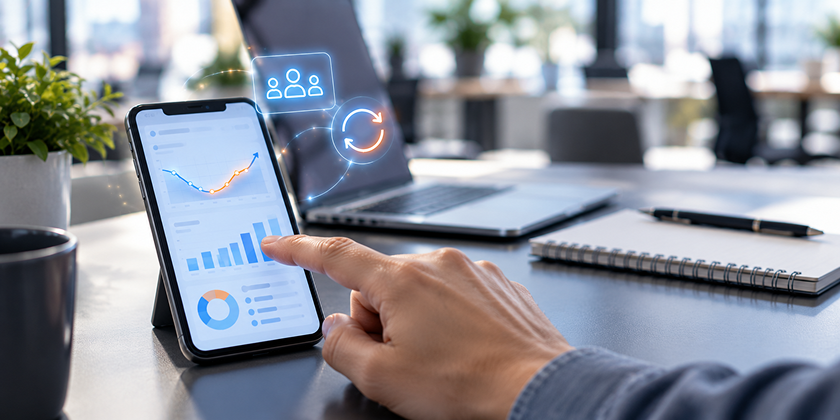Mejorar la retención de una app: mano señalando en un móvil la gráfica de retención de usuarios de una app